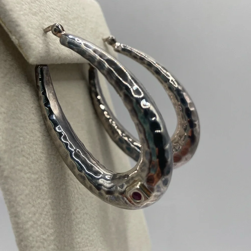 Elle Sterling Silver 925 Ruby Oval Hammered Earrings Pierced 1 3/4”L